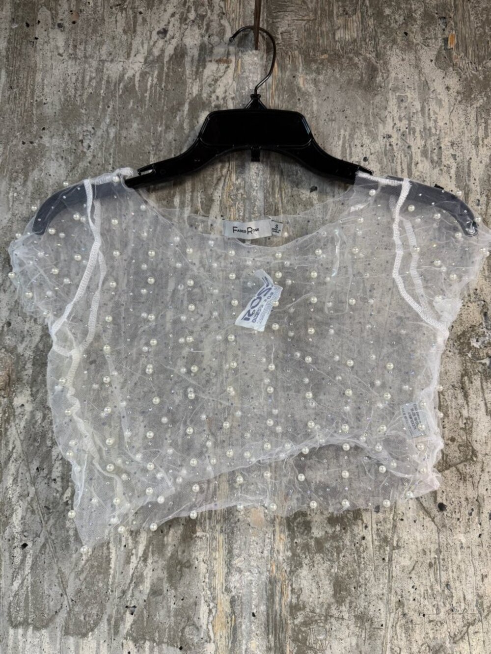 FADED ROSE Women's Faux Pearl Stone Embellished Sheer Mesh Crop Top Size S